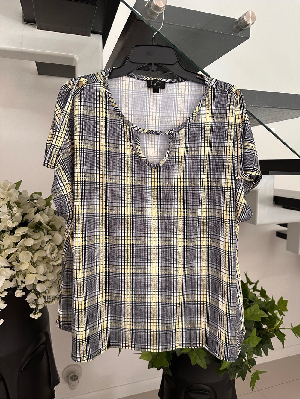 Plaid Short Sleeve Keyhole Tee by in Yellow and Gray